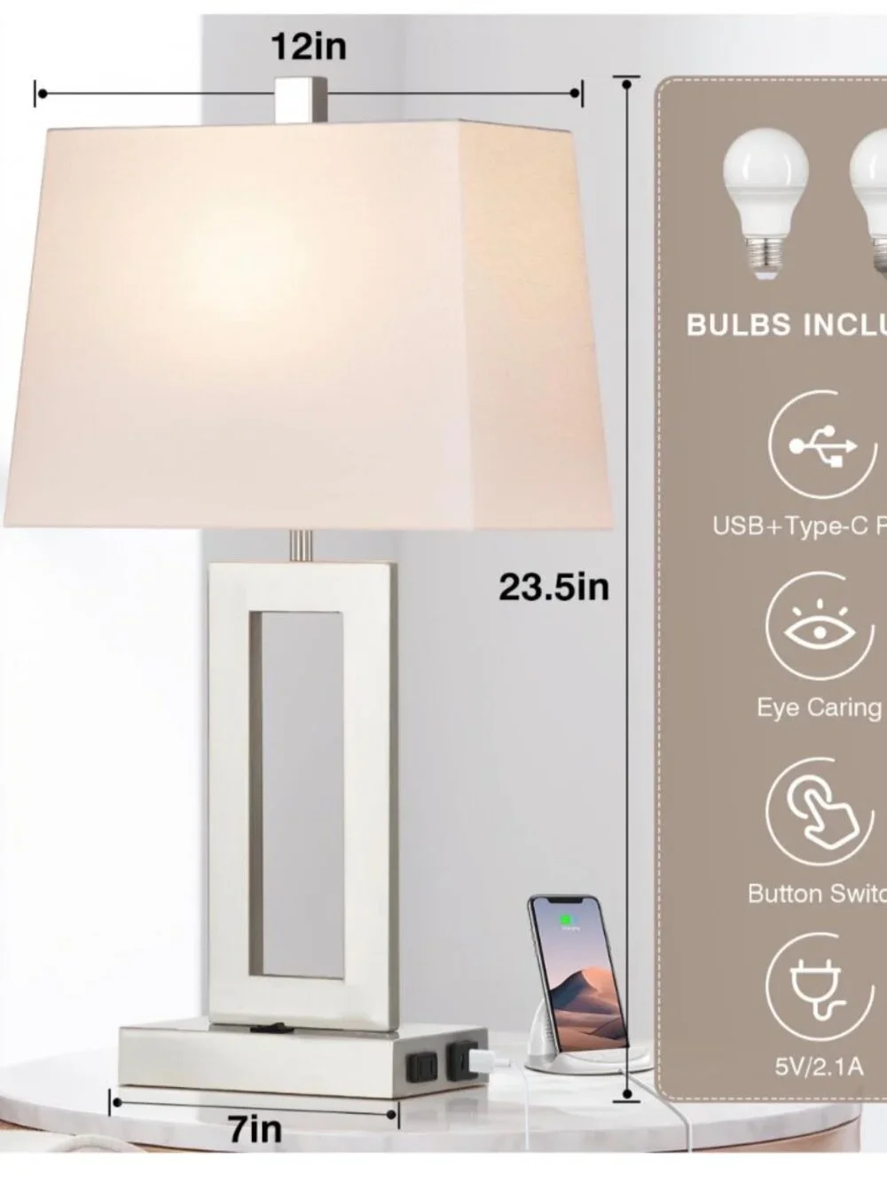 2 Table Lamps with USB C+A Ports & AC Outlet, Bedside Lamps, Modern Bedroom Lamp